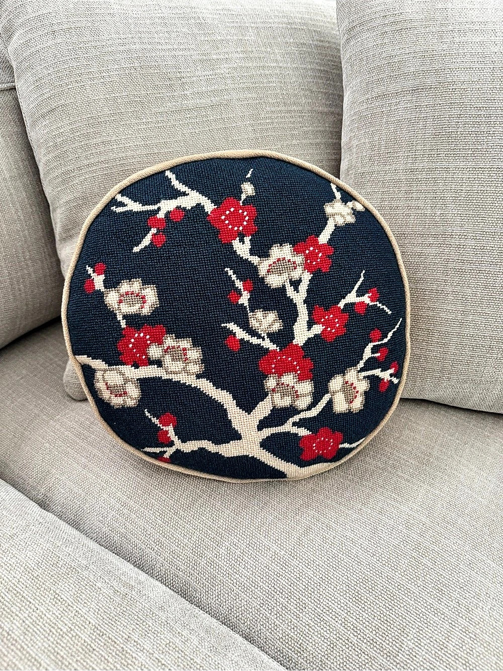 Handmade Vintage Round Floral Needlepoint Pillow Cherry Blossom Design